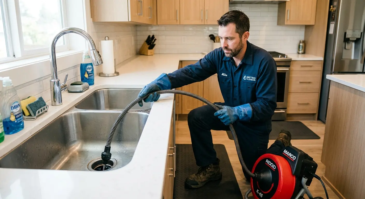 Drain cleaning technician using a motorized snake on a kitchen sink in Waterloo