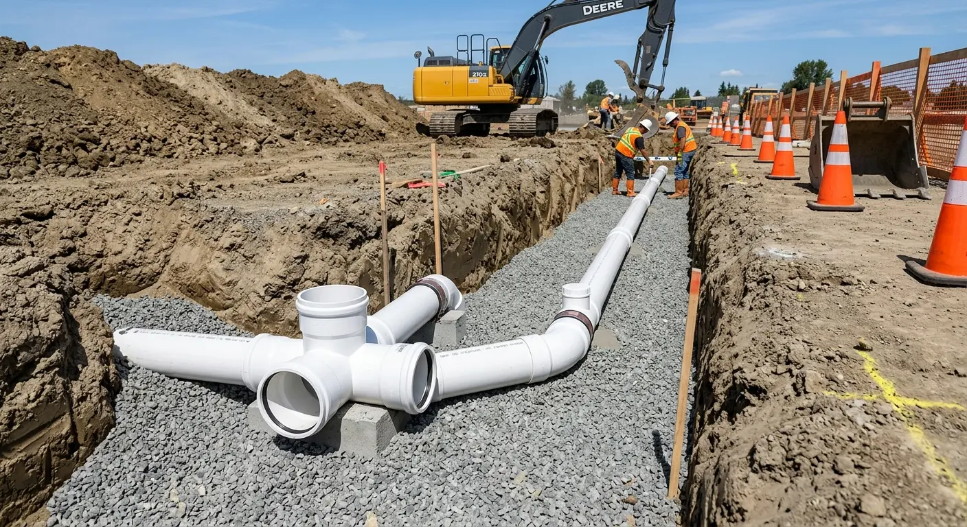 New PVC sewer pipe installation in open trench for Commercial Drain Cleaning in Waterloo