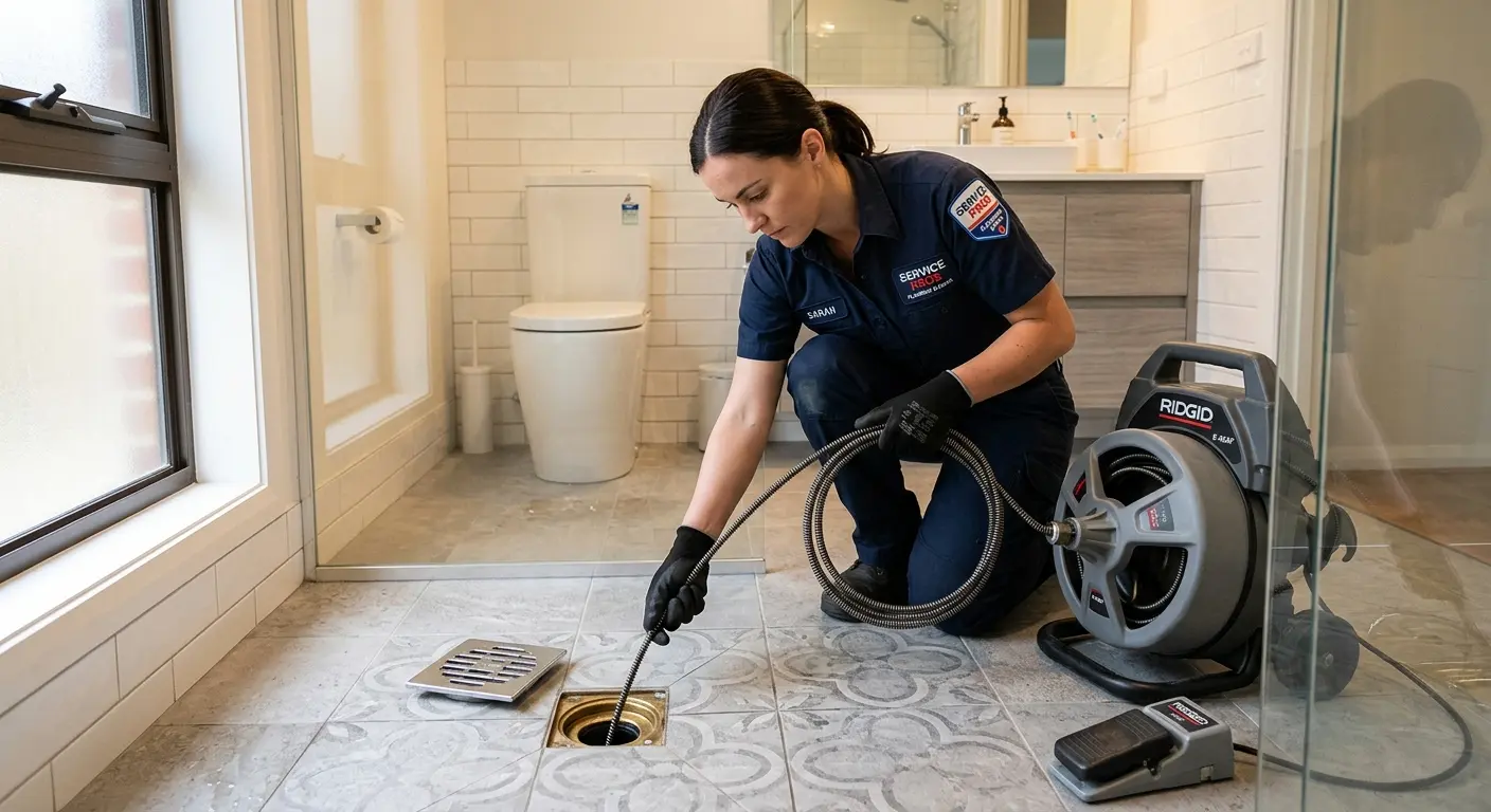 Technician clearing a bathroom floor drain for Clogged Drain Repair in Waterloo